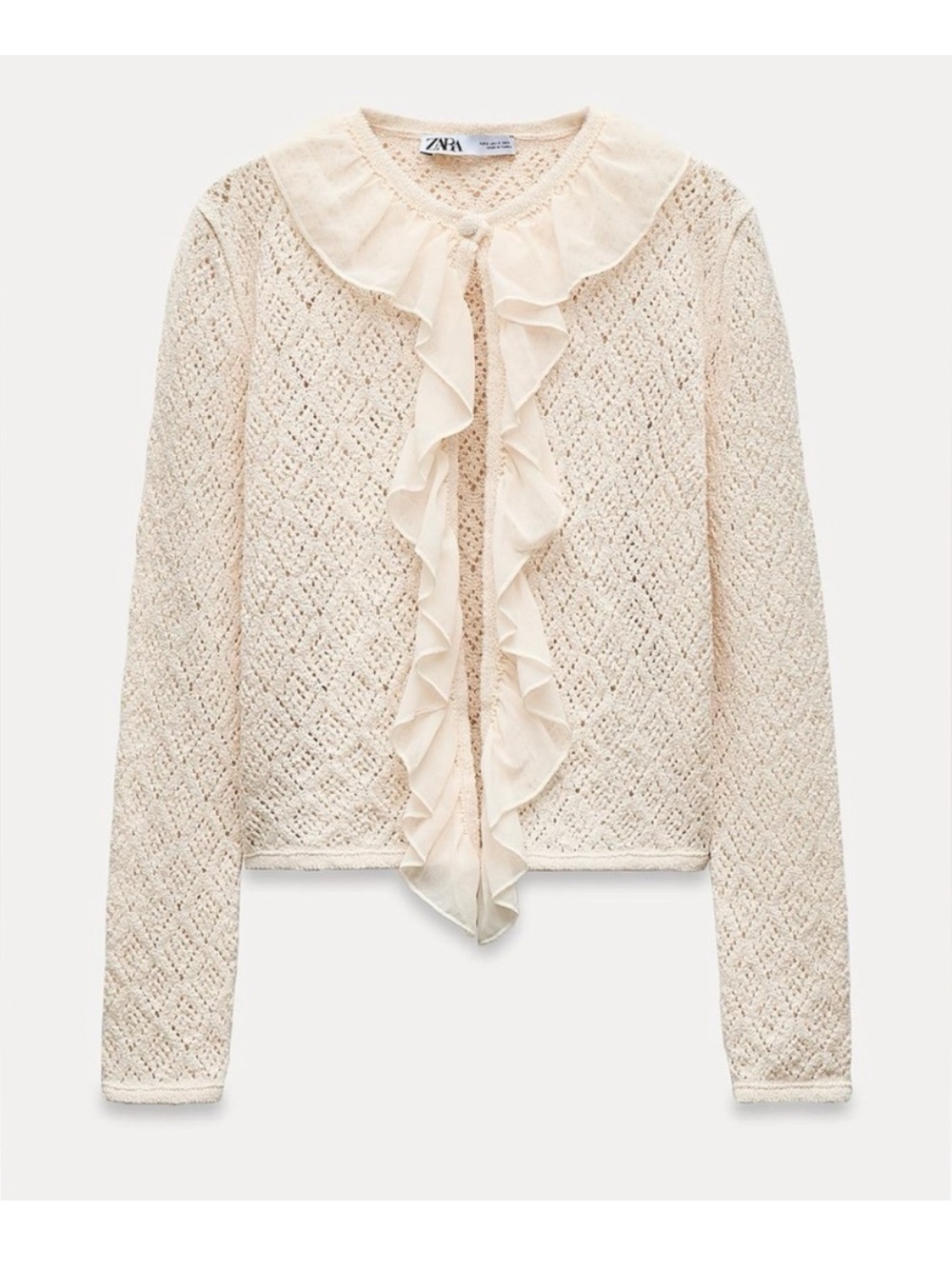 Zara Cream Ruffle-Front Knit Cardigan